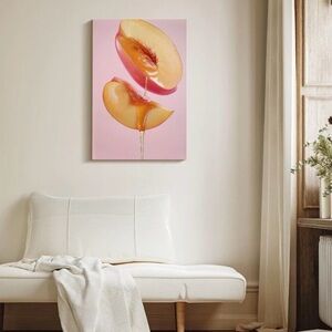 NWOT Peach Honey Art Print Canvas on Pink Background Wrapped Wall Hanging 8x12”